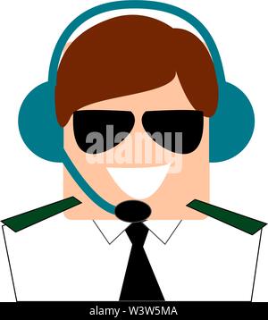 Pilot with glasses, illustration, vector on white background. Stock Vector
