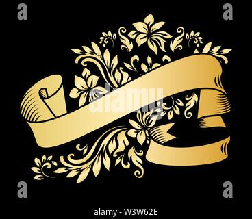 Gold vintage ribbon banner with leaves and flowers, drawing in engraving  style. Golden banner ribbon with ornament on the black background. Premium  design for greetings, anniversary Stock Vector Image & Art 