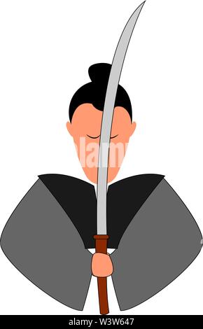 Samurai with katana, illustration, vector on white background. Stock Vector