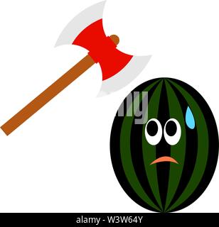 Scared watermelon and axe, illustration, vector on white background. Stock Vector