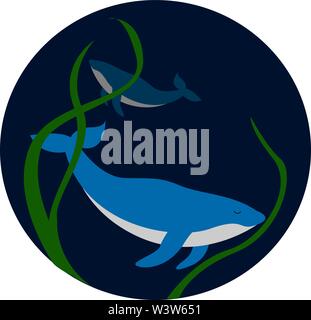 Whale on sea bottom, illustration, vector on white background. Stock Vector