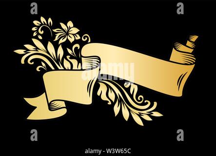 Gold vintage ribbon banner with leaves and flowers, drawing in engraving  style. Golden banner ribbon with ornament on the black background. Premium  design for greetings, anniversary Stock Vector Image & Art 