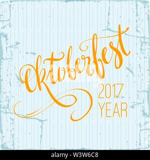 2017 Oktoberfest grunge poster with traditional pattern. Hand lettering, vector brush pen calligraphy inscription for banners and logo design. Orange word Oktoberfest Stock Vector