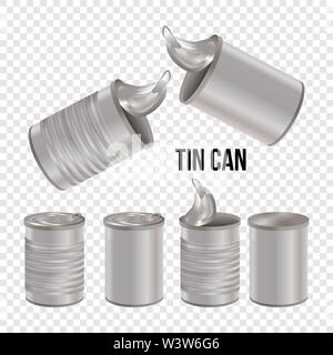 Tincan, canned food realistic vector package mockup, isolated on white background. Metal Tin Can blank templates for branding. Open and closed Stock Vector