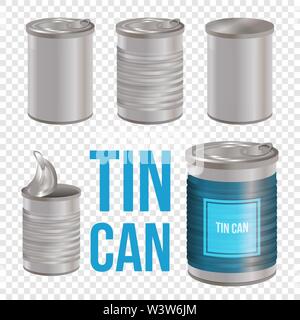 Tincan, canned food realistic vector package mockup, isolated on white background. Metal Tin Can blank templates for branding. Open and closed Stock Vector