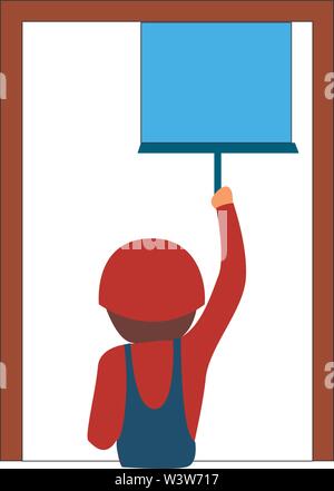 Man cleaning window, illustration, vector on white background. Stock Vector