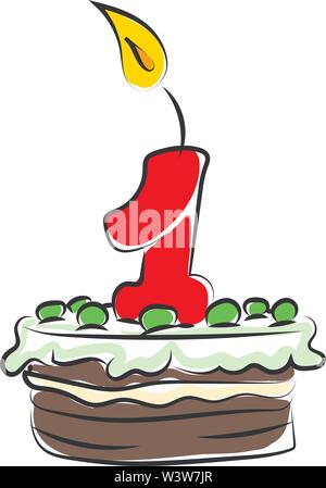 Birthday cake with number one, illustration, vector on white background. Stock Vector