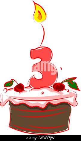 Birthday cake with number three, illustration, vector on white background. Stock Vector