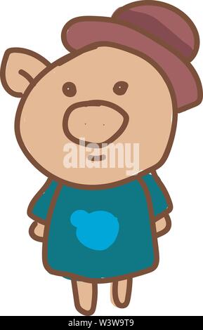 Happy pig with hat, illustration, vector on white background. Stock Vector