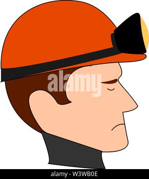 Miner with red helmet , illustration, vector on white background. Stock Vector