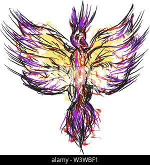 Drawing sketch style illustration of a phoenix rising up from fiery ...