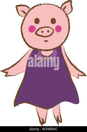 Pig with pink dress, illustration, vector on white background. Stock Vector