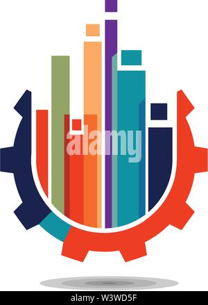abstract colorful construction logo design idea with gear shape and commercial buildings Stock Vector