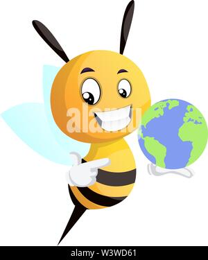 Bee holding a globe, illustration, vector on white background. Stock Vector