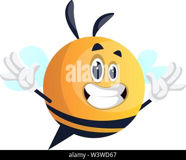 Happy yellow waving bee, illustration, vector on white background. Stock Vector
