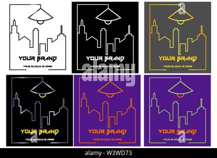 logo of architectural studio from the contour of buildings and street lamp Stock Vector