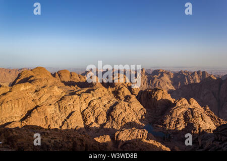 Spectacular aerial view of the holy summit of Mount Sinai, Aka Jebel Musa, 2285 meters, at sunrise, Sinai Peninsula in Egypt Stock Photo
