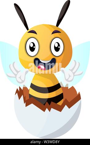 Bee waving from cracked egg, illustration, vector on white background. Stock Vector