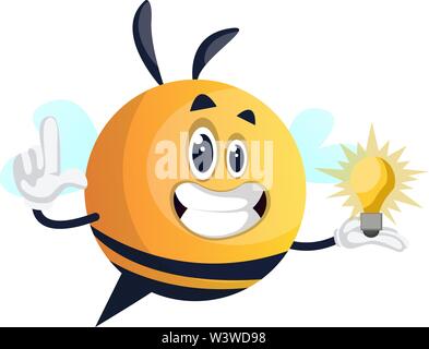 Bee holding a light bulb, illustration, vector on white background. Stock Vector