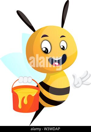 Bee holding honey bucket, illustration, vector on white background. Stock Vector