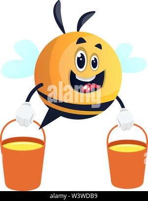 Bee carries two honey buckets, illustration, vector on white background. Stock Vector