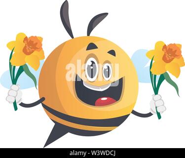 Bee holding flowers, illustration, vector on white background. Stock Vector