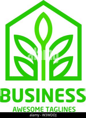 Creative real estate house icon logo with green leaf design. Real Estate Logo Design. Stock Vector