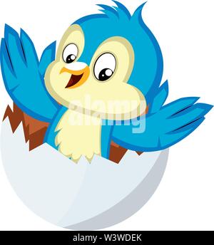 Blue bird is coming out from an egg, illustration, vector on white background. Stock Vector