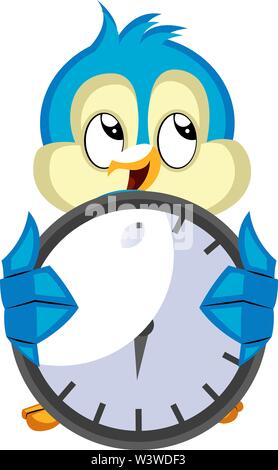 Blue bird holds a clock, illustration, vector on white background. Stock Vector