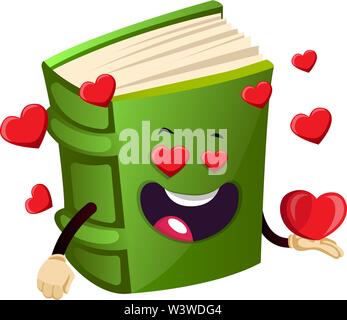 Cartoon book character is holding heart, illustration, vector on white background. Stock Vector