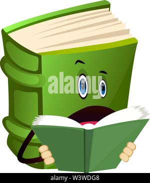 Cartoon book character is reading a book, illustration, vector on white background. Stock Vector