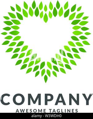 creative Heart made from green leaves logo vector, green heart with leaves vegan herbal healthcare Stock Vector