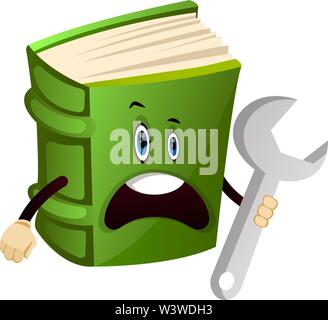 Cartoon book character is holding wrench tool, illustration, vector on white background. Stock Vector