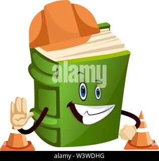 Cartoon book character with traffic control barriers, illustration, vector on white background. Stock Vector