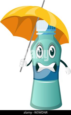 Bottle is holding an umbrella, illustration, vector on white background. Stock Vector