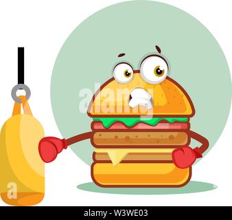 Boxer burger wears boxing gloves, illustration, vector on white background. Stock Vector