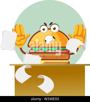 Angry burger is throwing papers off desk, illustration, vector on white background. Stock Vector