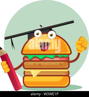Burger with a graduation cap holds a pencil, illustration, vector on white background. Stock Vector