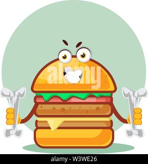 Burger is holding two bones, illustration, vector on white background. Stock Vector