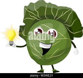 Cabbage is holding a light bulb, illustration, vector on white background. Stock Vector