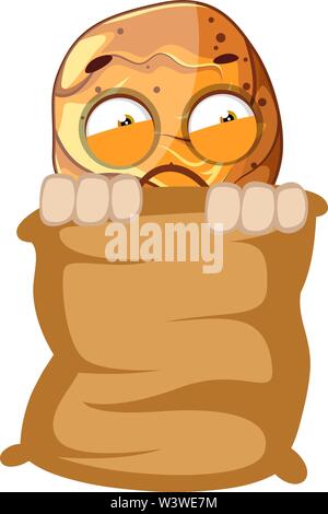 Afraid chicken leg hiding in the sack, illustration, vector on white background. Stock Vector