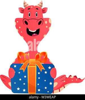 Red dragon is holding present, illustration, vector on white background. Stock Vector