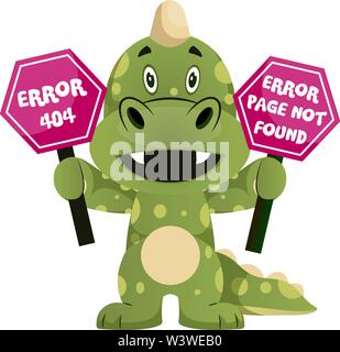 Green dragon is holding error sign, illustration, vector on white background. Stock Vector