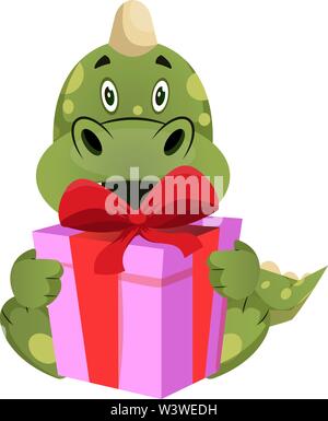 Green dragon is holding present, illustration, vector on white background. Stock Vector