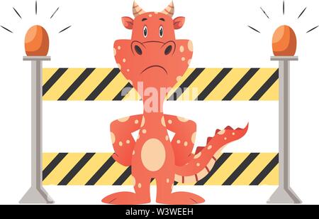 Red dragon is showing stop road closed, illustration, vector on white background. Stock Vector
