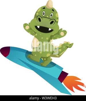 Green dragon is riding a rocket, illustration, vector on white background. Stock Vector