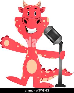 Red dragon is holding microphone, illustration, vector on white background. Stock Vector