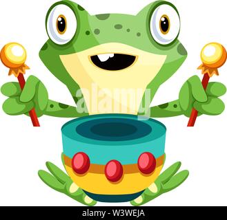 Cheerful, green frog playing drums, illustration, vector on white background. Stock Vector