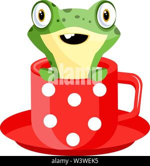 Joyful frog in a cup of tea, illustration, vector on white background. Stock Vector