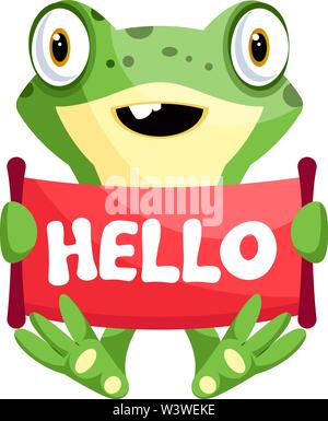 Cute, smiling frog holding hello sign, illustration, vector on white background. Stock Vector